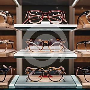 Glasses on display in optics store, eyewear fashion, retail photo