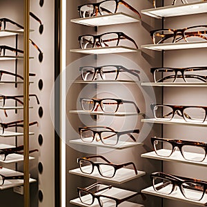 Glasses displayed on store wall, modern ophthalmic showcase