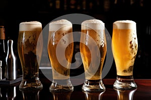 glasses of draught beer in a row, with foaming and carbonation visible