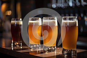 glasses of draught beer in a row, with foaming and carbonation visible