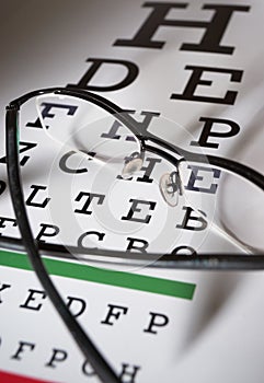 Glasses and eye test chart differential focus photo