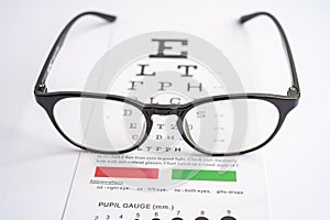 Glasses on eye testing exam chart to check eyesight accuracy of reading