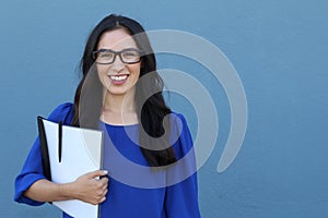 Glasses eyewear woman happy portrait looking at camera with big smile. Close up portrait of female business woman model face