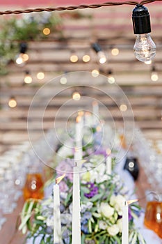 Glasses on the festive table setting. Wedding table decor concept. Table setting in classic style, setout. fine art.