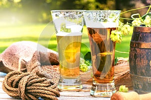 Glasses with fresh cold beer in rustic setting