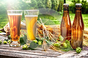 Glasses with fresh cold beer in rustic setting