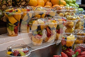 Glasses with fresh cut up fruits at Mahane Yehuda Market in Jerusalem