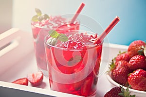 Glasses with fresh homemade strawberry sweet iced tea or cocktail, lemonade with mint. Refreshing cold drink. Summer pool party.