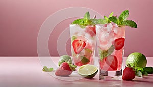Glasses of fresh strawberry mojito cocktail on pink background with copy space