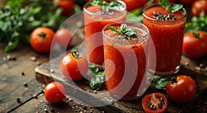 Glasses of fresh tomato juice on table on wooden table with red tip tomatoes.Macro.AI Generative