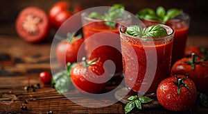 Glasses of fresh tomato juice on table on wooden table with red tip tomatoes.Macro.AI Generative