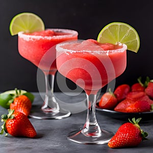 2 glasses of frozen strawberry margarita garnished with a salt rim and a lime slice on dark background. Margarita with crushed ice