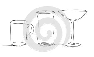 Glasses, glassware for cocktails, juices, alcohol, wine. Vector collection of drinking