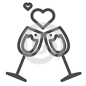 Glasses with hearts line icon. Clinking romance champagne glasses illustration isolated on white. Two Wine Glasses with