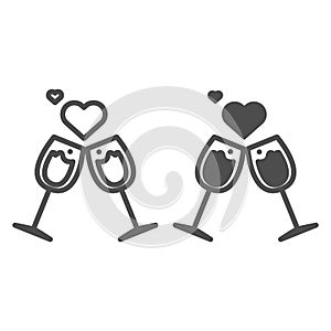 Glasses with hearts line and solid icon. Clinking romance champagne glasses illustration isolated on white. Two Wine