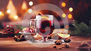 Glasses with Hot mulled wine on a wooden table surrounded by New Year decorations, cozy Christmas atmosphere