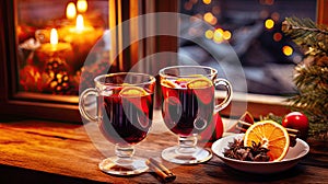 Glasses with Hot mulled wine on a wooden table surrounded by New Year decorations, cozy Christmas atmosphere