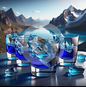 Glasses of ice and blue liquid in the lake.The background of the glass is a sunset on the mountins.