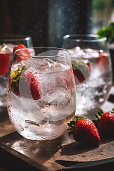 Glasses of ice, gin and tonic with strawberries