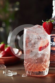 Glasses of ice, gin and tonic with strawberries