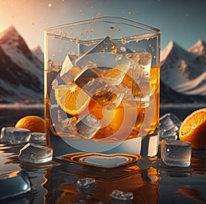 Glasses of ice and whisky in the lake.The background of the glass is a sunset on the mountins.