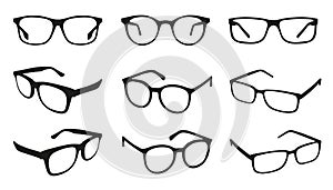 Glasses Icons - Different Angle View - Black Vector Illustration Set - Isolated On White Background