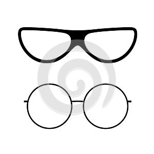 Glasses icons set. Silhouette sunglasses isolated white background. Modern cool graphic design. Black plastic eyeglasses