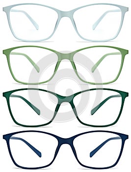 Glasses isolated on white, green, blue, color