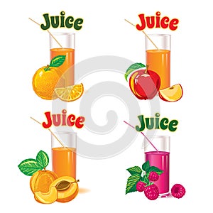 Glasses for juice from orange, apple, raspberry and apricot