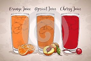 Glasses of juices on a retro background
