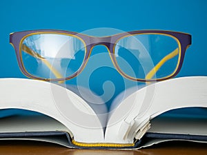 Glasses lay on top of opened book