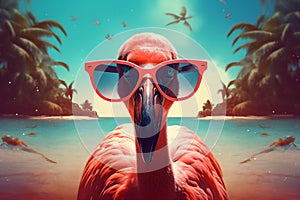 feather bird animal pink summer hipster tropical flamingo party sunglasses. Generative AI.