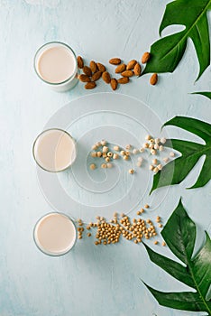 Glasses of milk: Almond, soy and lotus seed. Top view