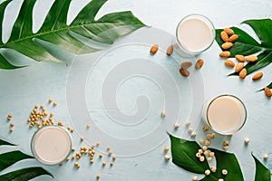 Glasses of milk: Almond, soy and lotus seed. Top view