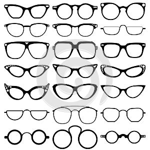 Glasses model icons, man, women frames. Sunglasses, eyeglasses on white.