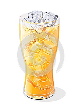 Glasses of orange drinks with ice cubes. Vector illustration.