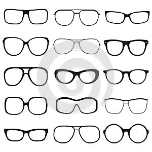 Glasses outline set. Sunglasses black silhouettes isolated on white background. Vector illustration