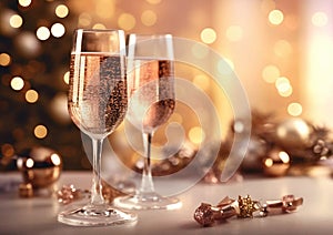 Glasses of pink rose champagne on new year\'s eve celebration evening on party bokeh background.Macro.AI Generative