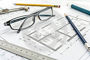 Glasses on Plan Design. Concept of Architecture, Construction photo
