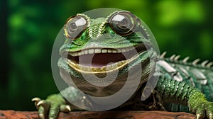 glasses portrait animal green lizard iguana reptile close-up scale wildlife. Generative AI.