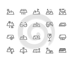 Glasses properties flat line icons set. Glass features - heat reflection, uv protection, glare, transparency, fragile