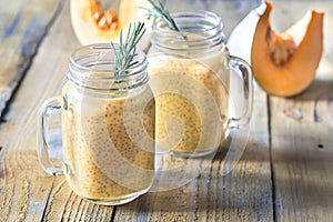 Glasses of pumpkin chia seed pudding