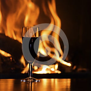 Glasses of red champagne by the fireplace