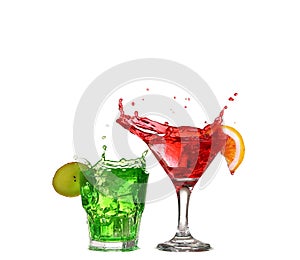 glasses of red cocktail drink green isolated on white