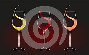 Glasses of red, white and rose wine, sign or logo flat design style on a dark background. Vector illustration