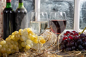 Glasses of red and white wine with grape, bottles at background
