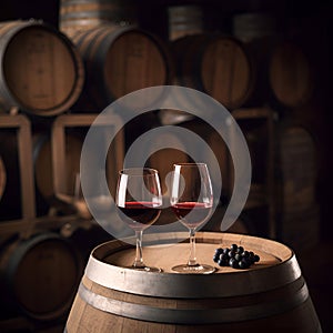 Glasses of red wine on background of wooden oak barrels in cellar of winery