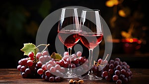 Glasses of red wine and grapes on wooden table on dark background