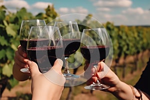 Glasses of red wine in human hands on the background of the vineyard, 3. Generative AI