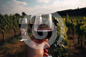Glasses of red wine in human hands on the background of the vineyard, 3. Generative AI